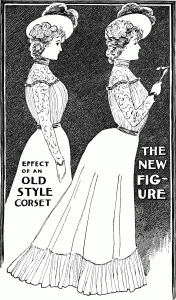 Disegno pubblicitario che mostra la differenza tra il nuovo corsetto che dona la linea ad s (destra) ed un modello prima dalla linea dritta